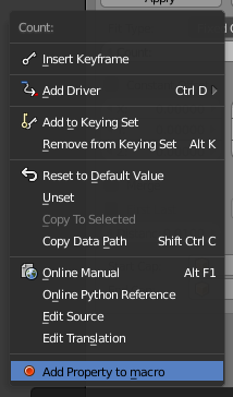 A screenshot of the context menu in Blender 3D. At the bottom of the menu is a highlighted item with the label 'Add Property to macro' with a red circle next to it.